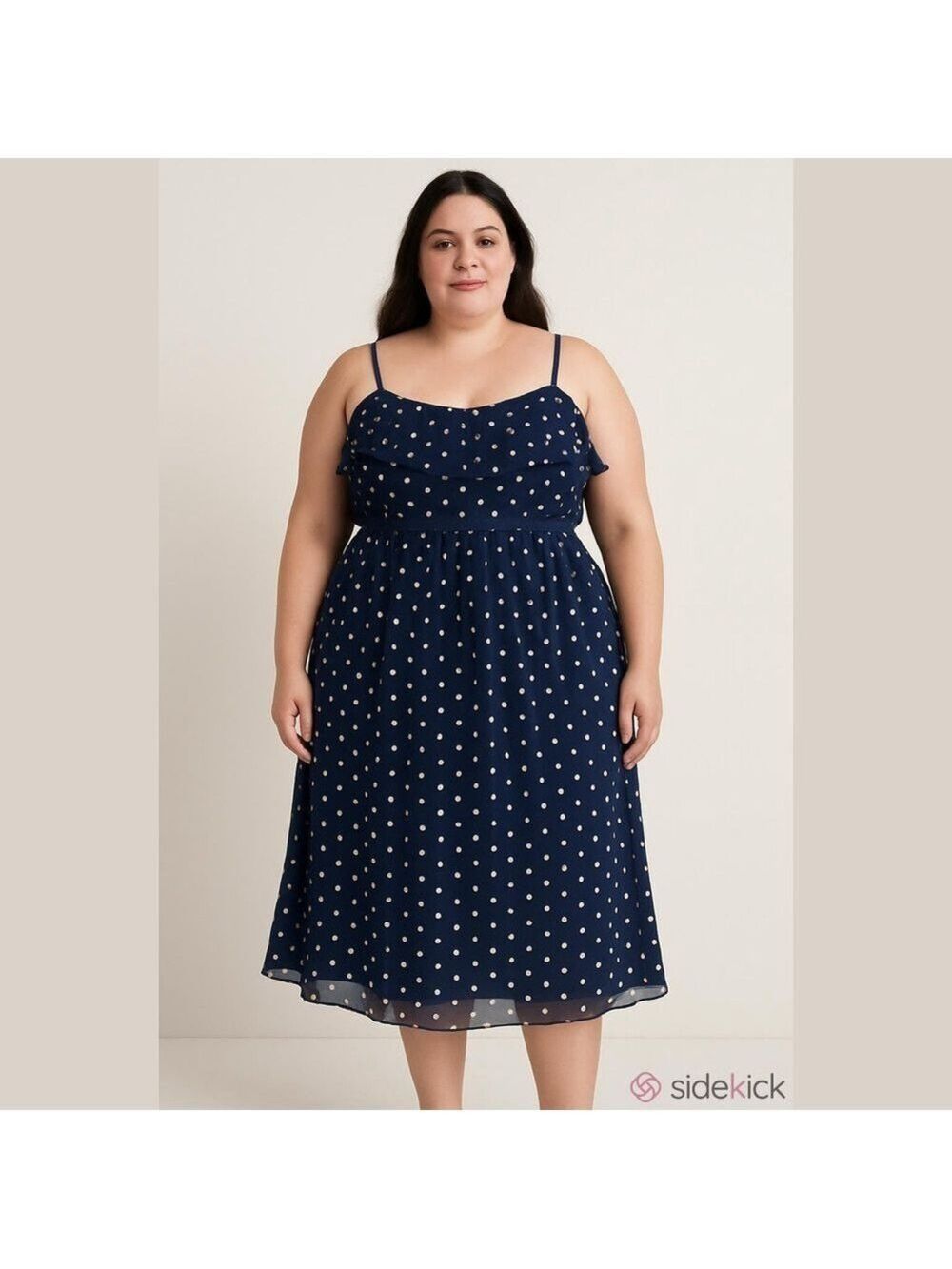 INC 100% Silk Chiffon Navy & Tan Polka Dot Midi Dress, size 14